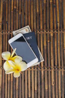 Passport with American money, smart phone and yellow plumeria flowers on bamboo mat