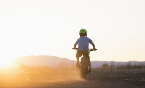 USA, Colorado, Rear view of boy (8-9) cycling at sunset