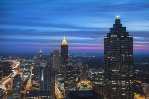 USA, Georgia, Atlanta, Cityscape with skyscrapers at dawn