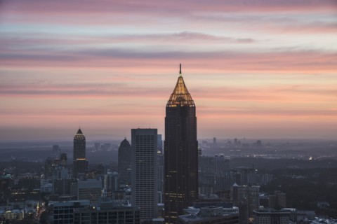 USA, Georgia, Atlanta, Cityscape with skyscrapers at dawn