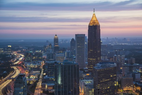 USA, Georgia, Atlanta, Cityscape with skyscrapers at dawn