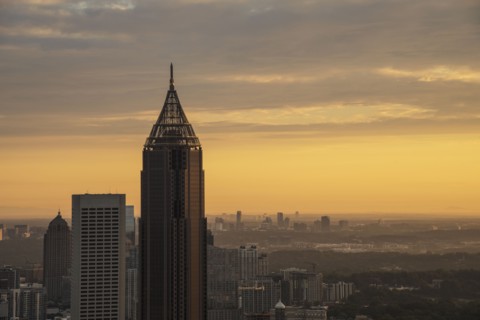 USA, Georgia, Atlanta, Cityscape with skyscrapers at sunrise