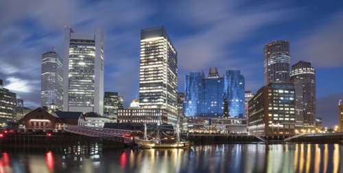 USA, Massachusetts, Boston, Fort Point Channel, Waterfront of financial district at dawn