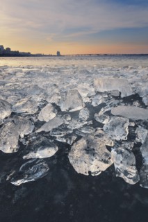 Ukraine, Dnepropetrovsk region, Dnepropetrovsk city, Frozen river with lumps of ice