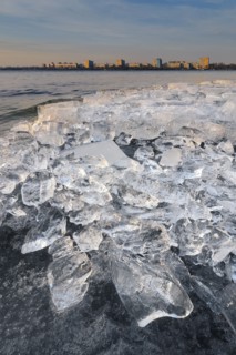 Ukraine, Dnepropetrovsk region, Dnepropetrovsk city, Frozen river with lumps of ice