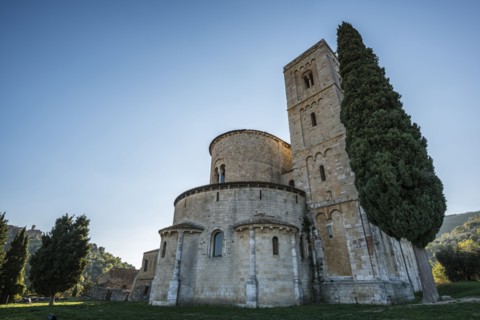 Italy, Tuscany, Montalcino, Facade of Abbey of Sant'Antimo near Montalcino city