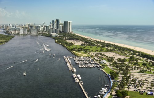 USA, Florida, Miami, Aerial view of city and sea