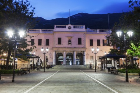 Gibraltar, Gibraltar City, Gibraltar Parliament on John Mackintosh Square at night