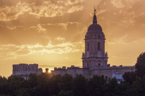 Spain, Andalusia, Malaga, Malaga Cathedral at sunset