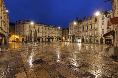 France, Nouvelle-Aquitaine, Bordeaux, Wet Parliament Square at night