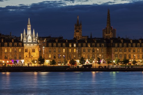 France, Nouvelle-Aquitaine, Bordeaux, Illuminated Cailhau Gate at night