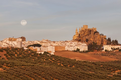 Spain, Andalusia, Olvera, Townscape with moonrise