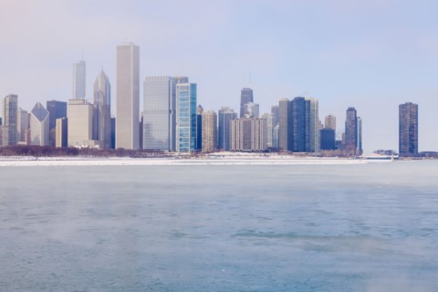 USA, Illinois, Chicago skyline across Lake Michigan