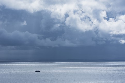 Ireland, County Donegal, Fishing boat on Donegal Bay seen from Wild Atlantic Way