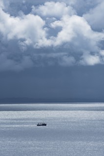 Ireland, County Donegal, Fishing boat on Donegal Bay seen from Wild Atlantic Way