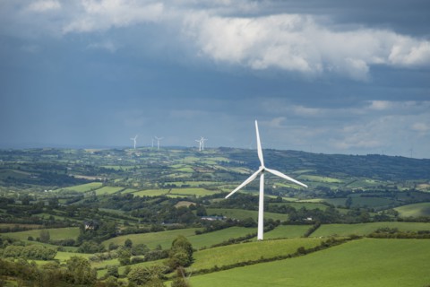 Ireland, County Cavan, Landscape with wind turbines