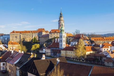 Czech Republic, South Bohemia, Cesky Krumlov, Castle and buildings against clear sky