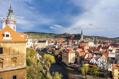 Czech Republic, South Bohemia, Cesky Krumlov, Storm clouds above old town