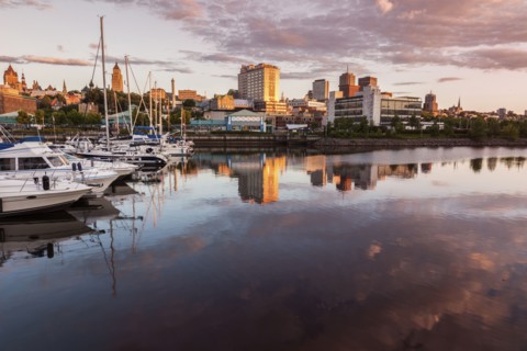 Canada, Quebec, Quebec City, Coastline with marina and architecture