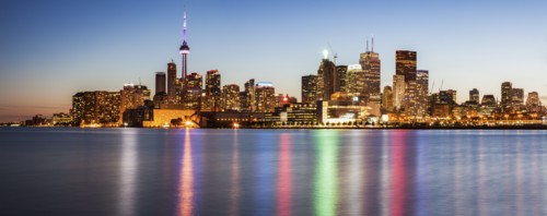 Canada, Ontario, Toronto, City reflecting in water