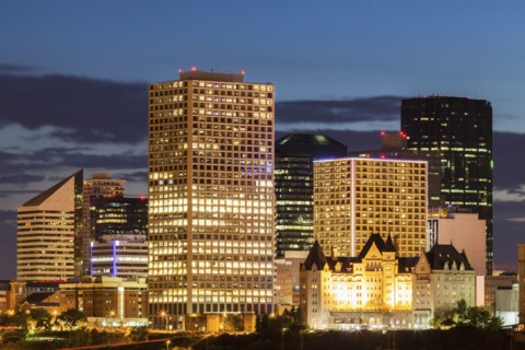 Canada, Alberta, Edmonton, Illuminated office buildings at dusk