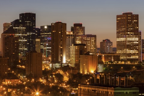 Canada, Alberta, Edmonton, Financial district at dusk