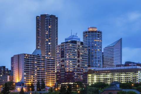 Canada, Alberta, Edmonton, Financial district at dusk