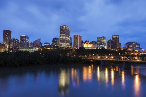 Canada, Alberta, Edmonton, Waterfront at dusk