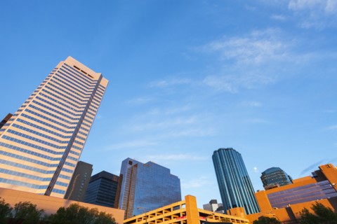 Canada, Alberta, Edmonton, Blue sky over skyscrapers
