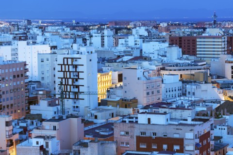 Spain, Andalusia, Almeria, Residential district at dusk