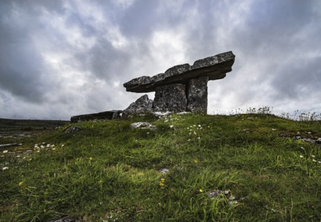 Ireland, Clare County, Burren, Poulnabrone Dolmen under overcast sky