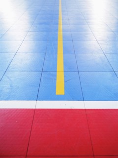 Red and blue tiled floor of basketball court