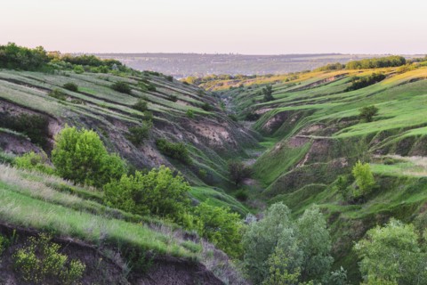Ukraine, Dnepropetrovsk region, Dnepropetrovsk city, Green landscape formed by geological erosion