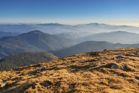 Ukraine, Zakarpattia region, Rakhiv district, Carpathians, Chornohora, Mountain landscape with mountain Hoverla and mountain Petros