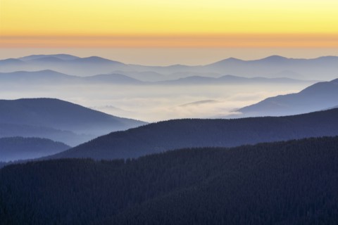 Ukraine, Zakarpattia region, Rakhiv district, Carpathians, Chornohora, Mountain landscape with mist