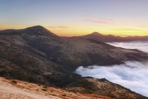Ukraine, Zakarpattia region, Rakhiv district, Carpathians, Chornohora, Chornohora ridge, Sunrise over mountain Sheshul