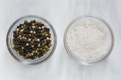 Directly above view of pepper and sea salt