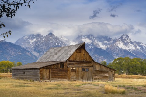 USA, Wyoming, Grand Teton National Park, Moulton Barn, Wooden barn in meadow