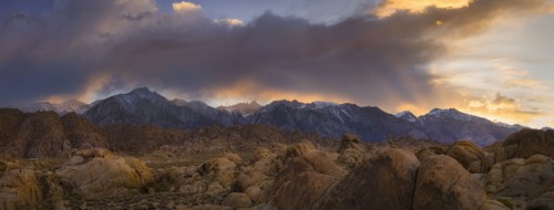USA, California, Alabama hills, Snowcapped mountains at sunset
