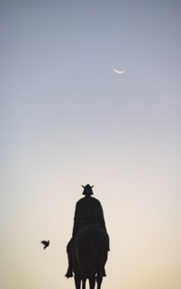Spain, Seville, Plaza Nueva, Silhouette of equestrian statue of King Fernando III