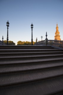 Spain, Andalusia, Seville, Stairway on Plaza de Espana at dawn
