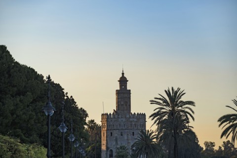 Spain, Andalusia, Seville, Torre del Oro at dawn