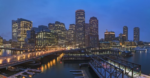 USA, Massachusetts, Boston, City waterfront panorama at dusk