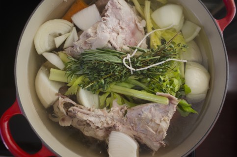 Cooking broth from turkey leftovers and vegetables