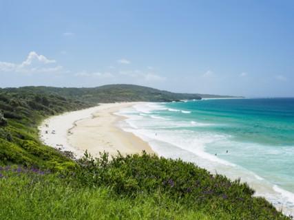 Australia, New South Wales, Moruya, Blue sky above coastline and sea