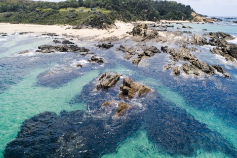 Australia, New South Wales, Bermagui, Sharp rocks in water nera beach