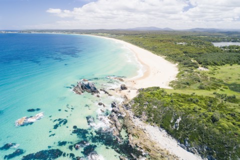 Australia, New South Wales, Bermagui, Landscape with forest and beach