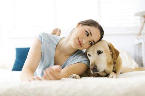 Woman lying on bed with dog