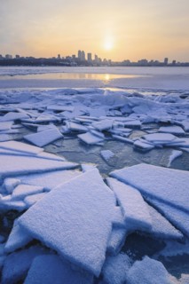 Ice on river at sunset