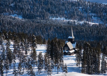 Church in forest during winter in Oslo, Norway